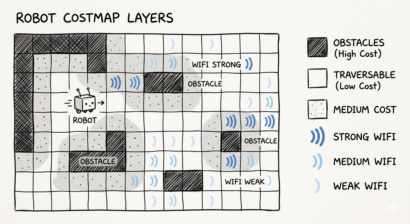 A costmap with combined layers showing obstacles, wifi strength and traversability.